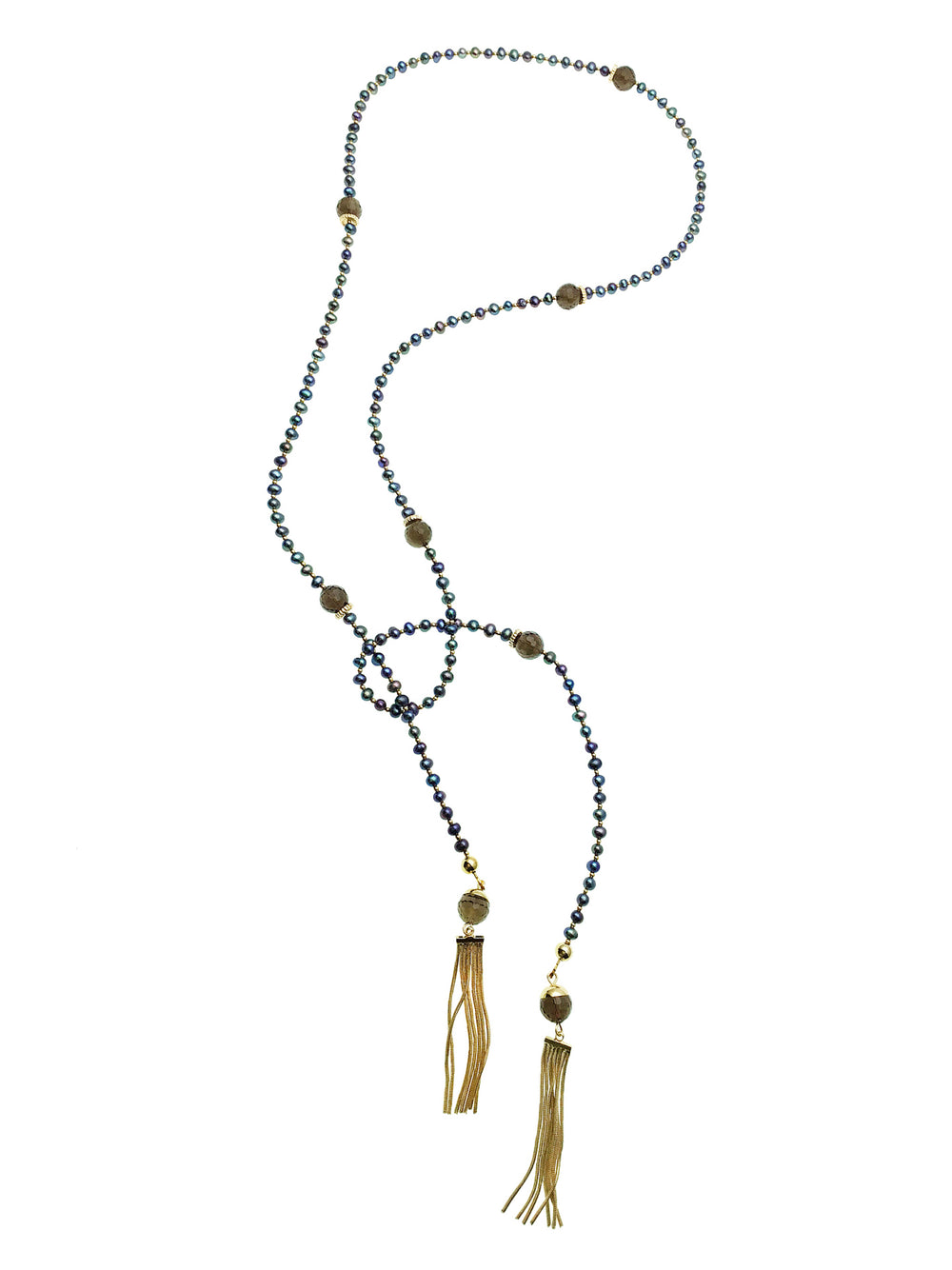 Freshwater pearls with smoky quartz  Open Ended Long Necklace CN046 - FARRA