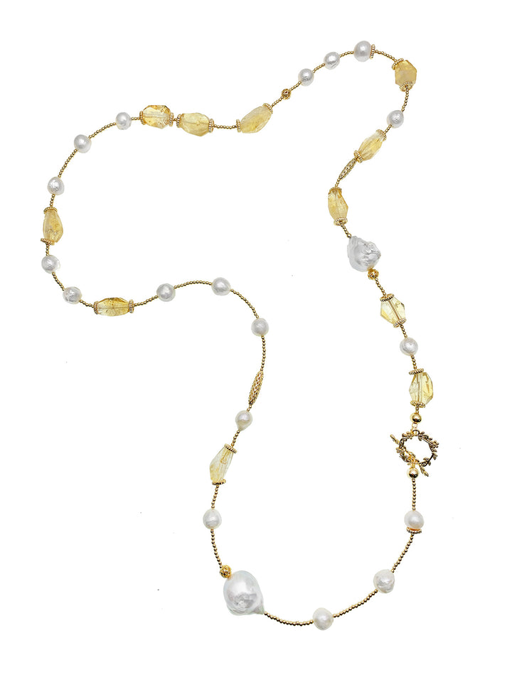 Citrine With Baroque Freshwater Pearl Long Necklace EN046 - FARRA