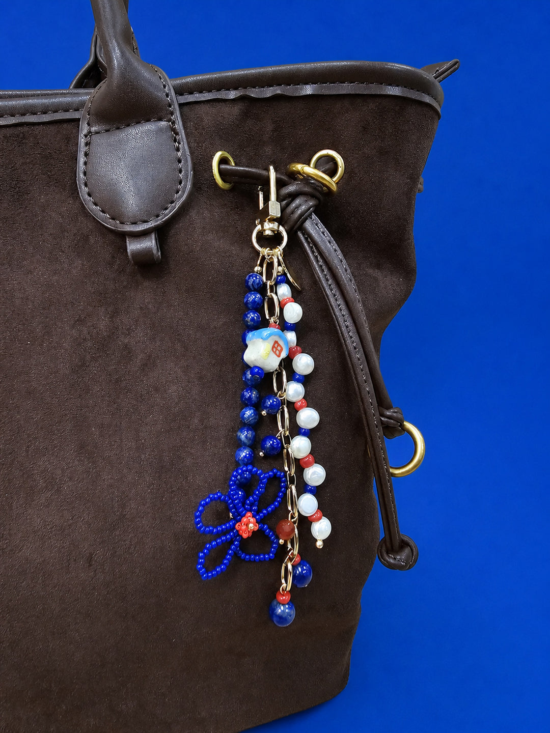 Flower Lapis And Pearls With Ceramic House Charm Phone Strap / Bag Charm PC104