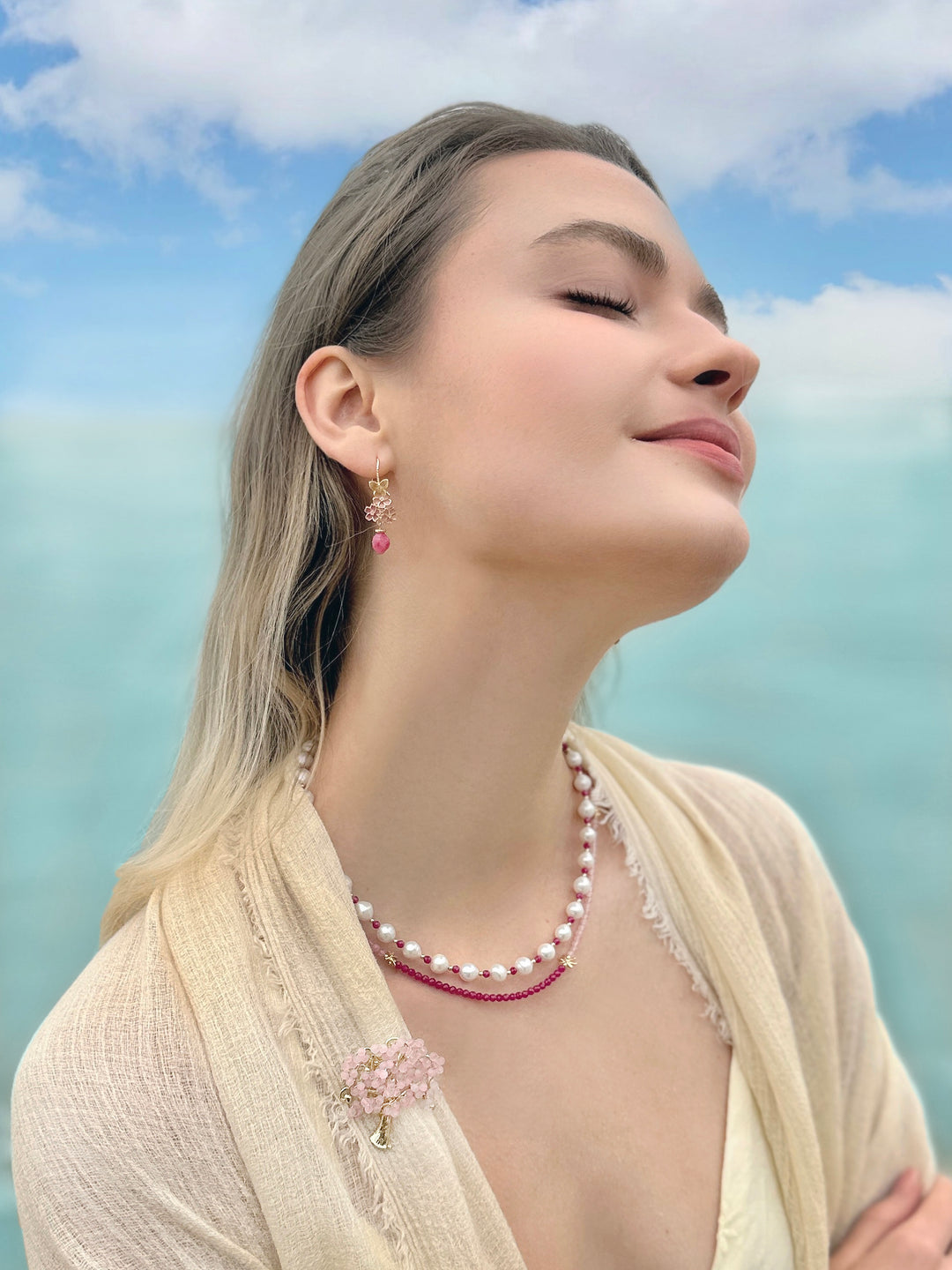 High Quality Freshwater Pearls With Red Ruby Necklace LN005 - FARRA