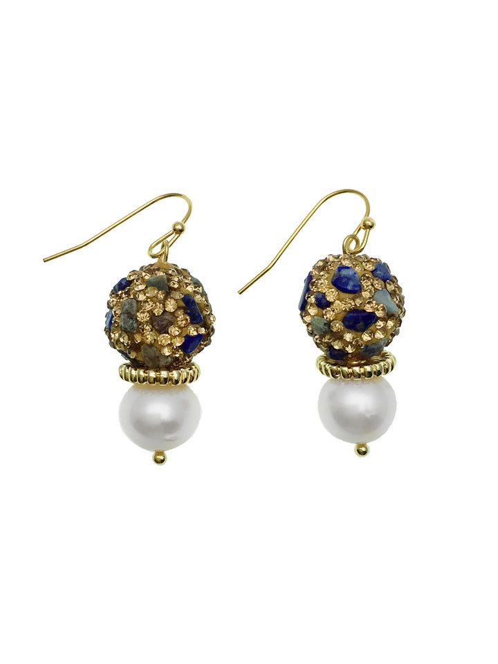 Lapis Rhinestone With Freshwater Pearl Earrings CE004 - FARRA