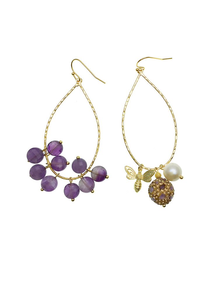 Freshwater Pearl & Amethyst Asymmetric Earrings CE012 - FARRA