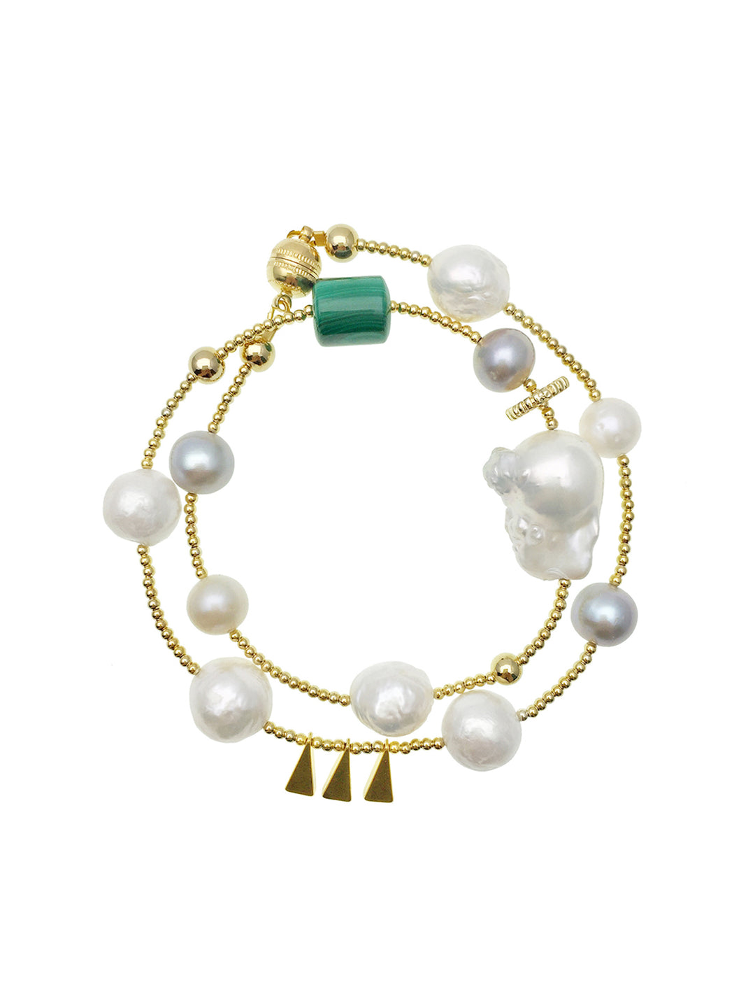 Baroque Pearls With Malachite Double Wrapped Bracelet AB014 - FARRA