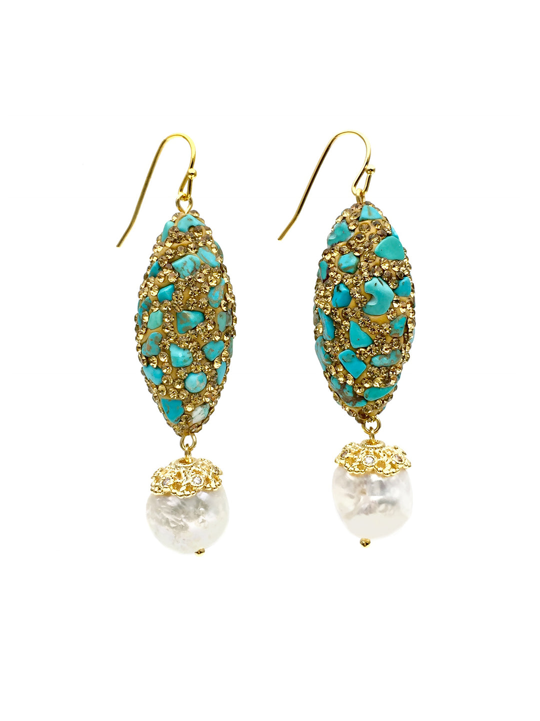 Rhinestone bordered turquoise with freshwater pearls Earrings AE019 - FARRA