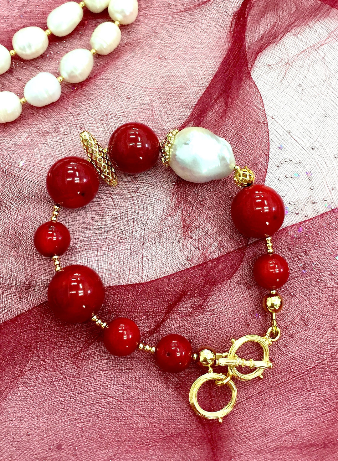 Round Coral with Baroque Pearls Bracelet CB004 - FARRA
