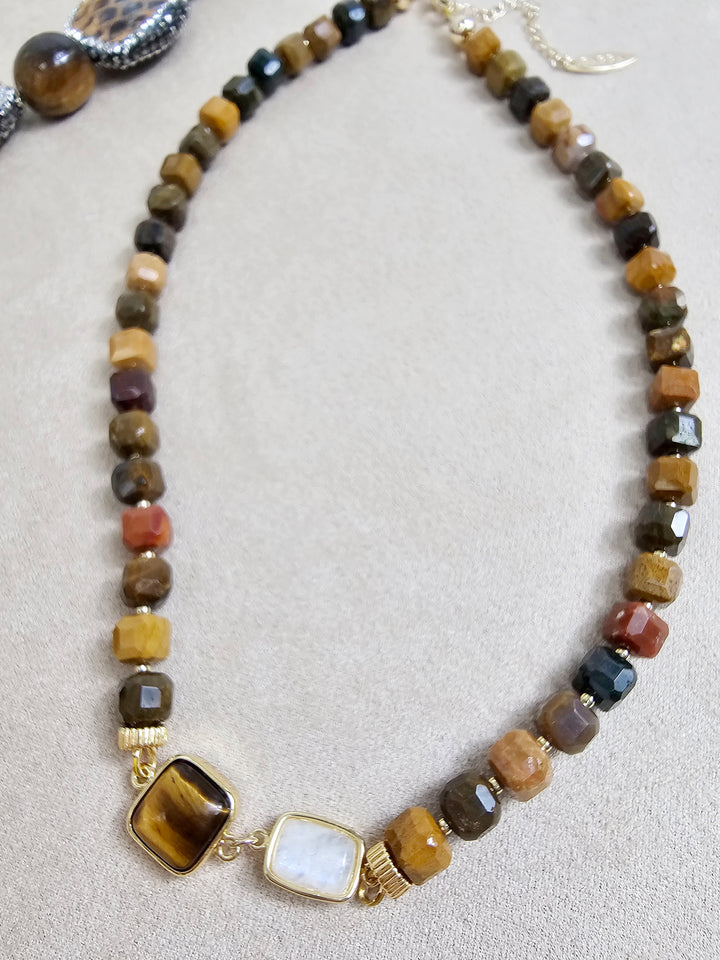 Cube Shaped Tiger Eye With Moonstone Necklace NN029