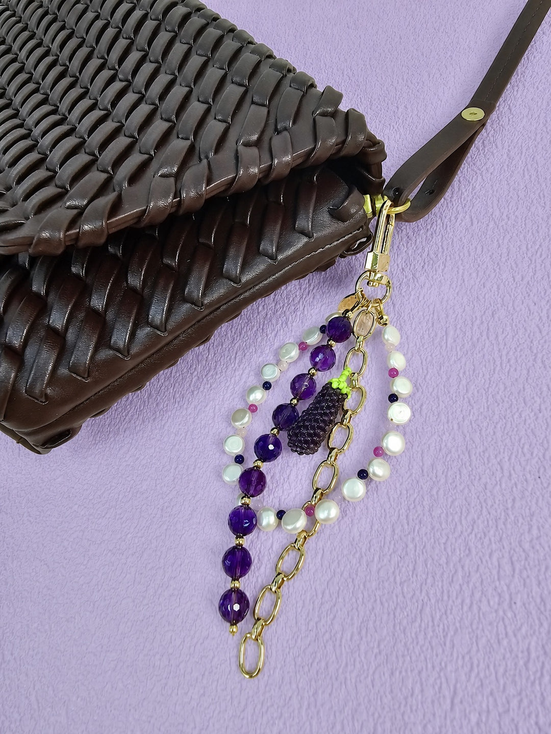 Amethyst And Pearl Handcrafted Eggplant Charm Phone Strap / Bag Charm PC101
