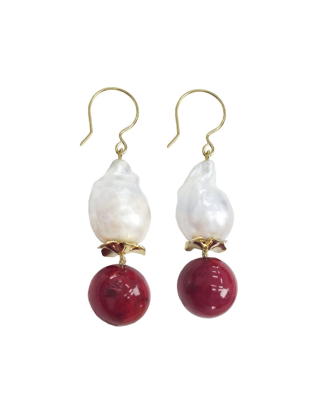Baroque Pearls With Red Coral Dangle Earrings CE007 - FARRA