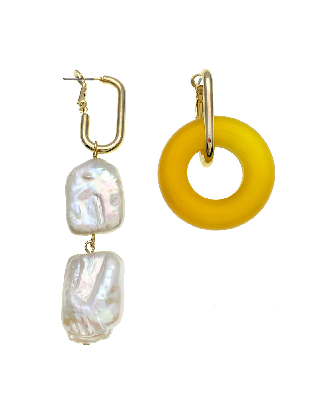 Donut Shaped Yellow Jade & Flat Freshwater Pearls Asymmetric Earrings EE045 - FARRA