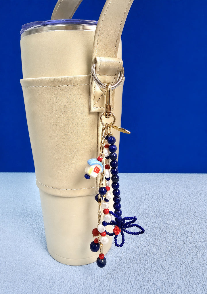 Flower Lapis And Pearls With Ceramic House Charm Phone Strap / Bag Charm PC104