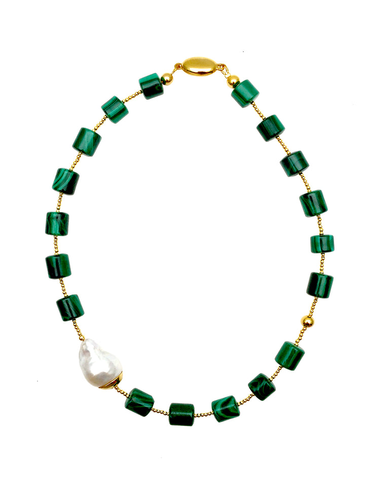Malachite With Baroque Pearl Necklace AN037 - FARRA