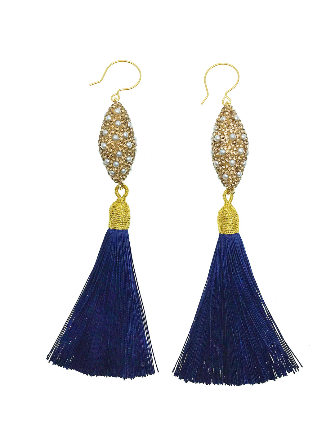 Rhinestones Bordered Pearls With Deep Blue Tassel Earrings CE003 - FARRA