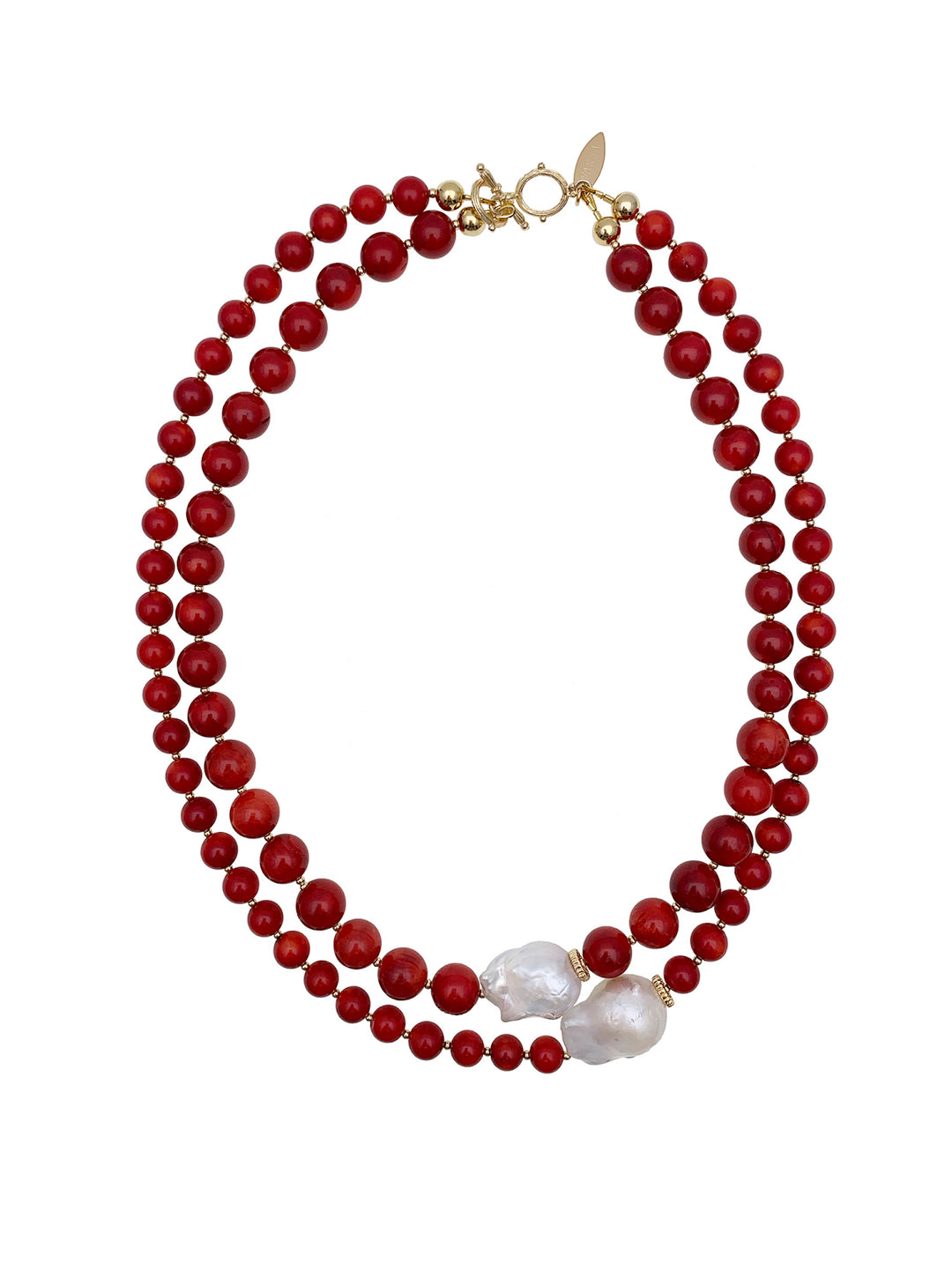 Red Coral With Baroque Pearls Double Strands Necklace EN036 - FARRA