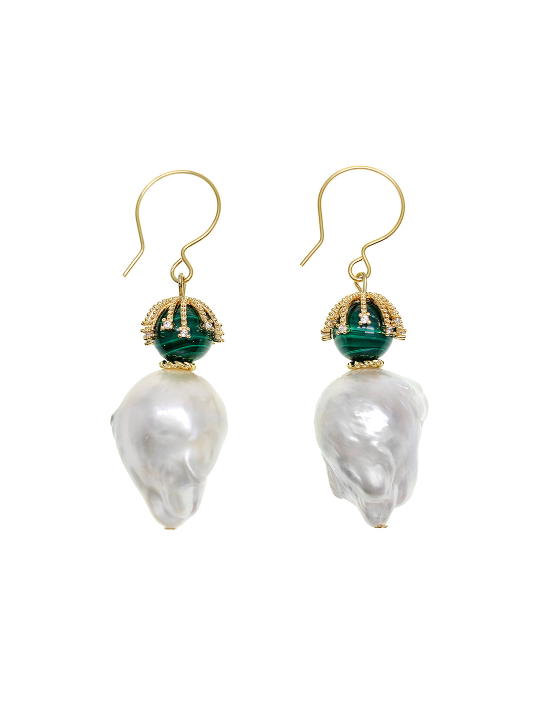 Baroque Pearl With Malachite Hook Earrings GE011 - FARRA