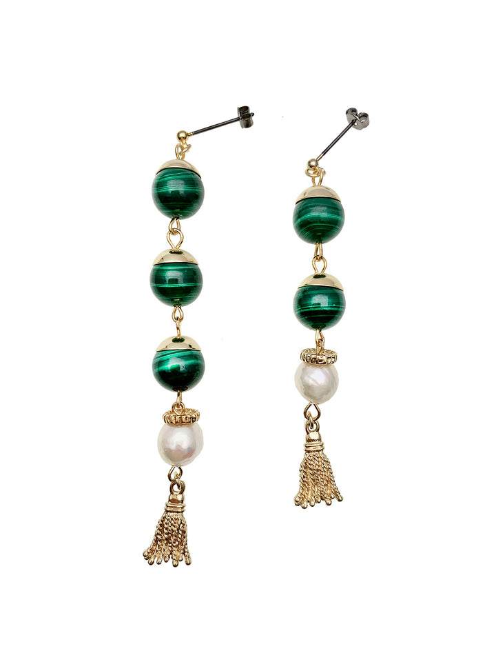 Malachite Asymmetric With Tassel Earrings EE003 - FARRA