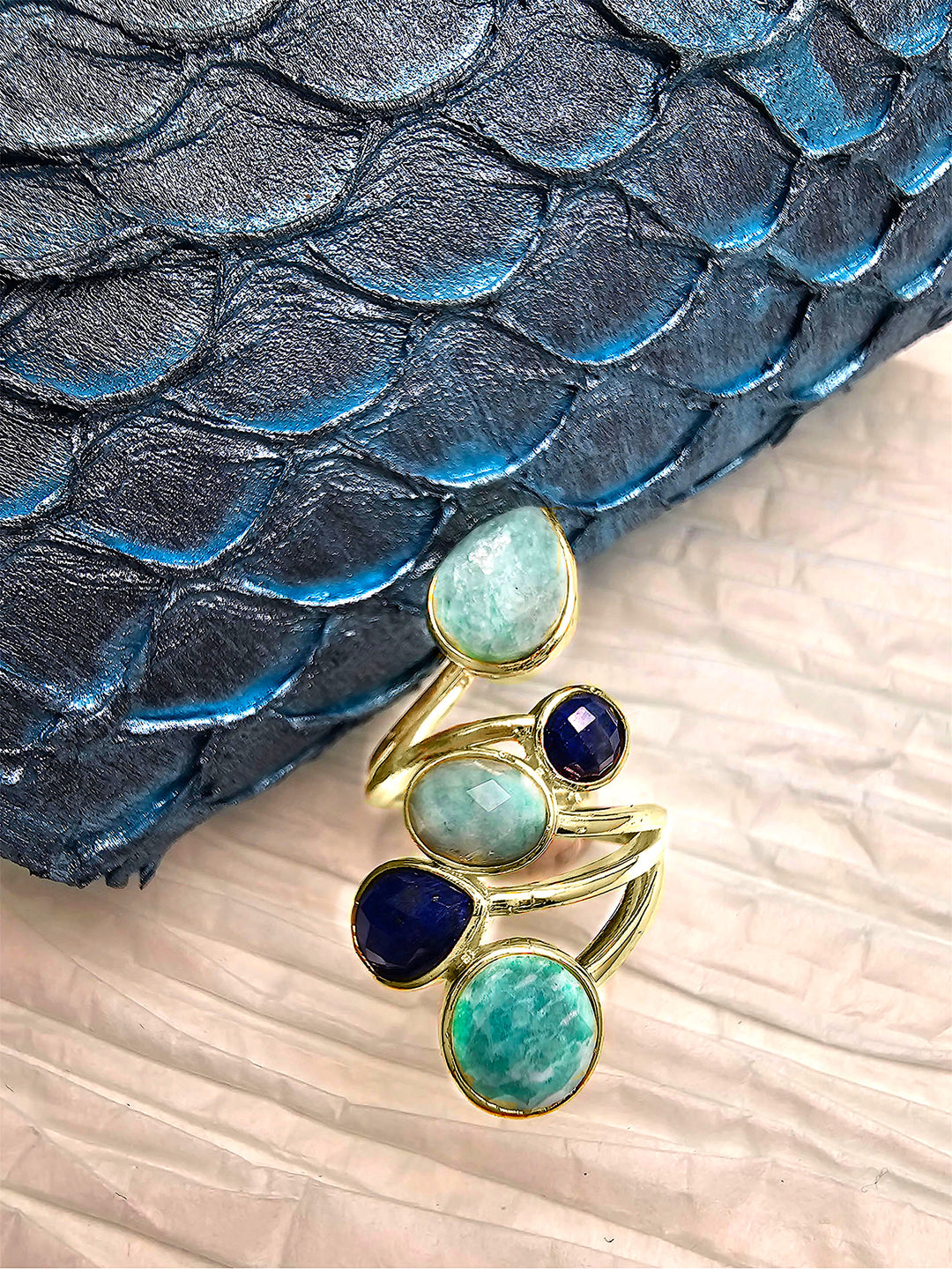 Amazonite And Lapis Cocktail Adjustable Ring RP001