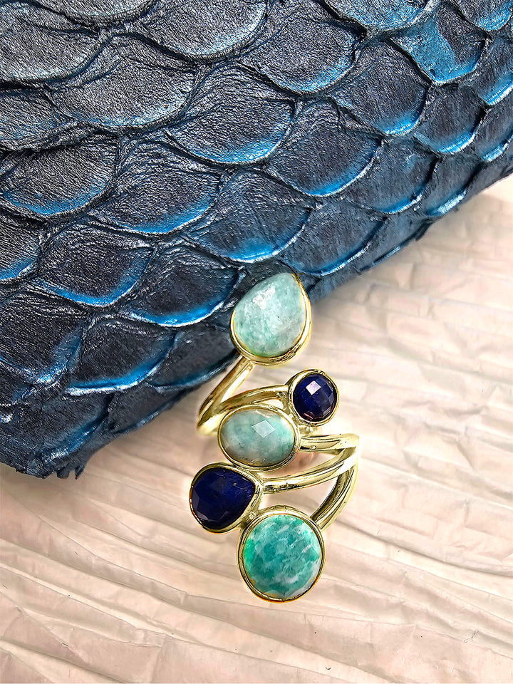 Amazonite And Lapis Cocktail Adjustable Ring RP001