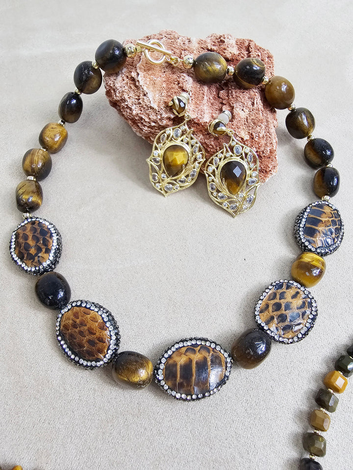 Tiger Eye With Brown Leather Rhinestone Statement Necklace NN028