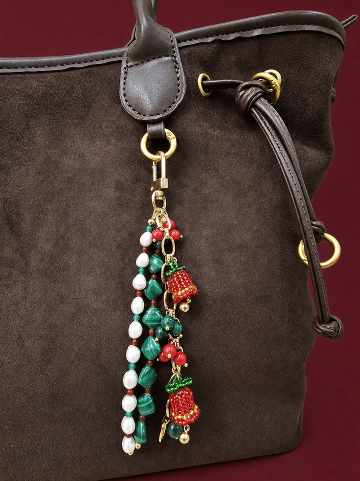Christmas Bell Malachite And Bamboo Coral And Pearls Tassel Phone Strap / Bag Charm PC109