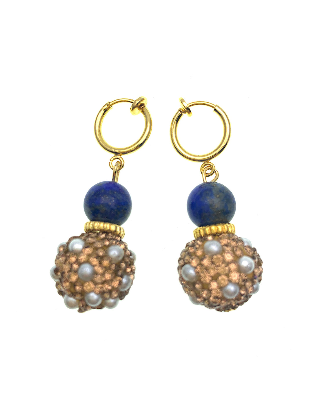 Round Lapis With Rhinestones Bordered Pearls Simple Dangle Earrings FE014 - FARRA