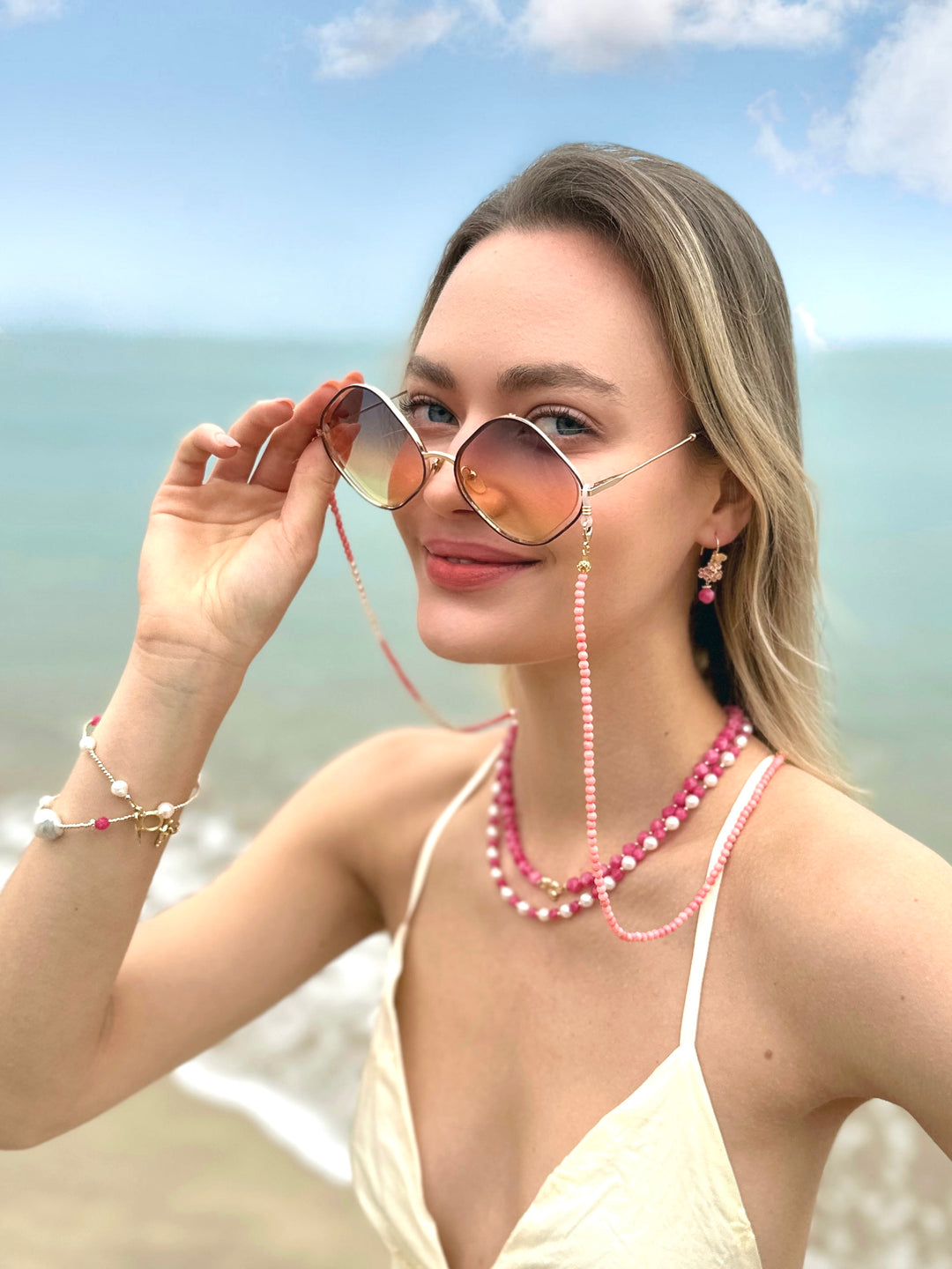 Pink Coral Freshwater Pearls Sunglasses Chain EC001