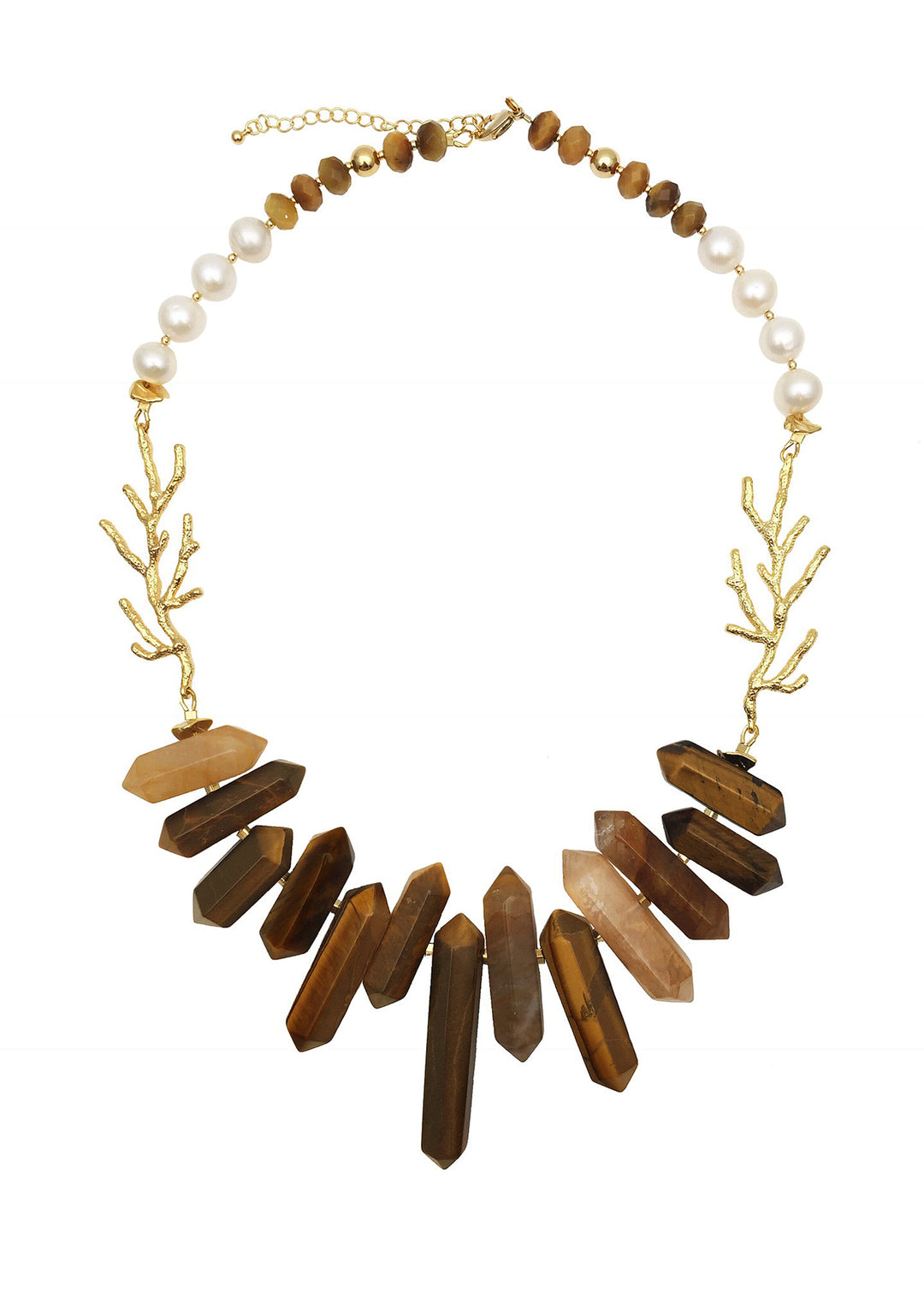 Tiger Eye and Freshwater Pearls Statement Necklace AN042 - FARRA