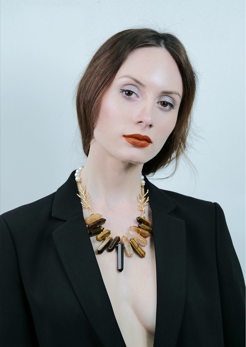 Tiger Eye and Freshwater Pearls Statement Necklace AN042 - FARRA