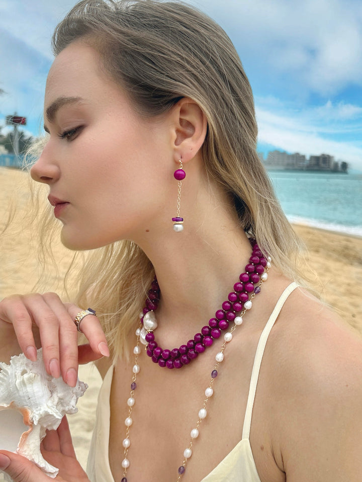 Magenta Gemstones With Baroque Pearls Double Layers Necklace LN014