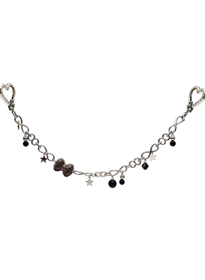 Smoky Quartz Bowknot With Black Obsidian Silver Chain Bag Charm BC005