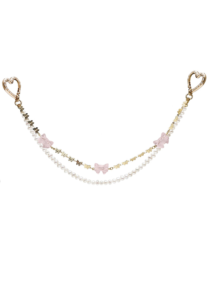 Rose Quartz Bowknot With Freshwater Pearls Double Layers Bag Charm BC006