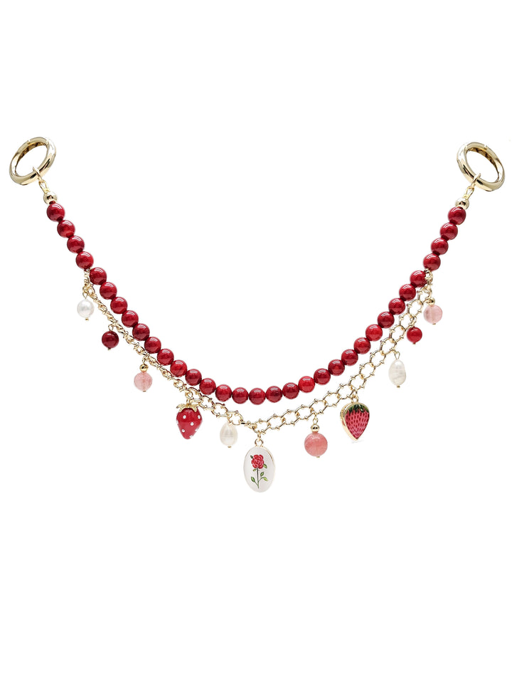 Red Bamboo Coral With Strawberry and Rose Double Layers Chain Bag Charm BC009