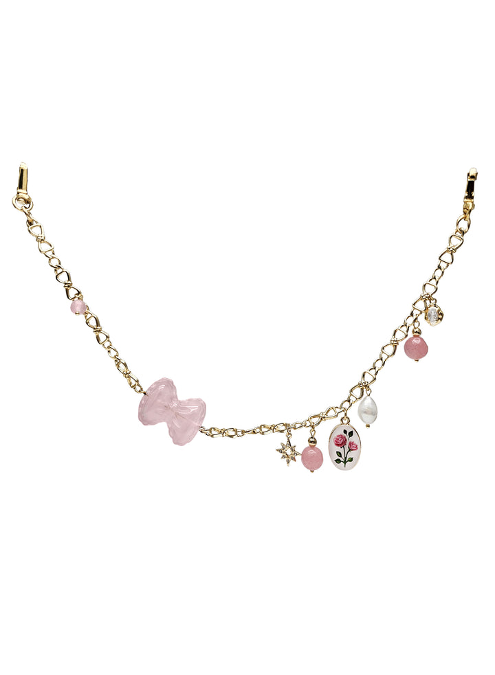 Rose Quartz Bowknot With Rose Chain Bag Charm BC012
