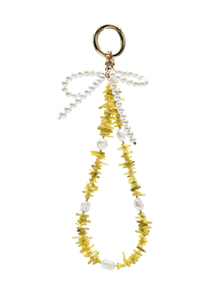 Yellow Bamboo Coral With Bowknot Freshwater Pearl Bag Charm BC019
