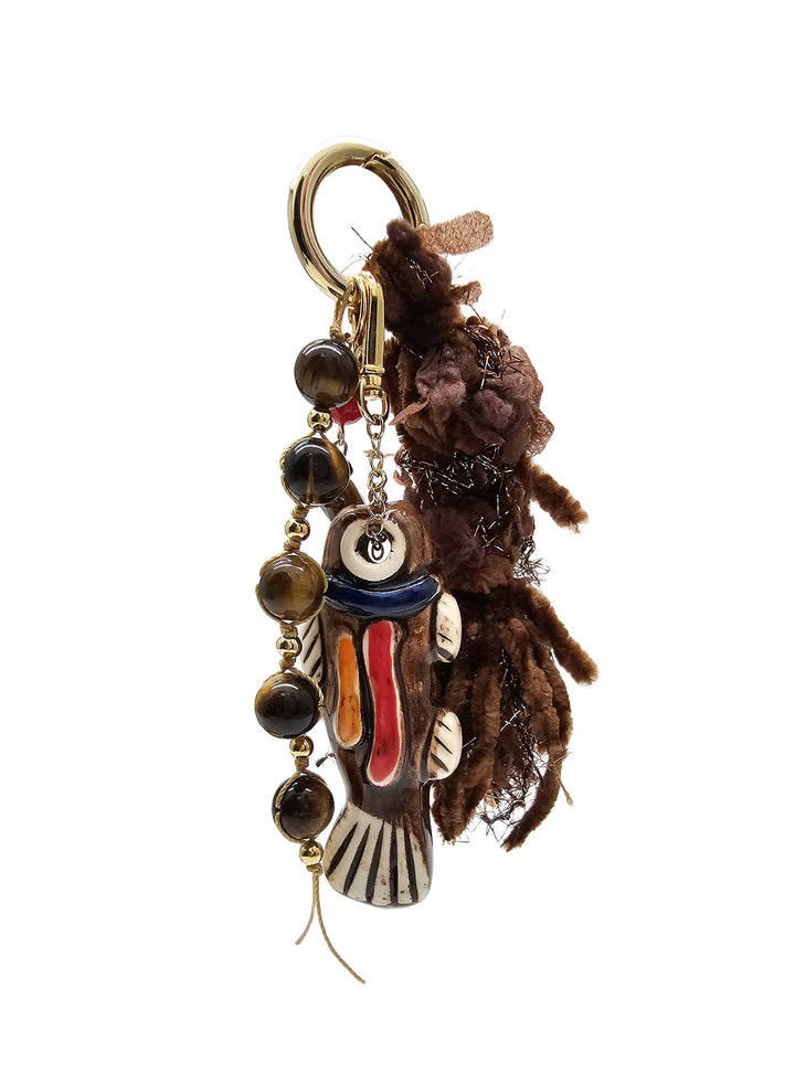 Handcrafted Ceramic Fish With Brown Tiger-eye Stone and Tassel Bag Charm BC020
