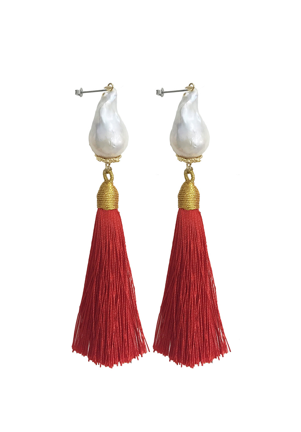 Baroque Pearl Red Tassel Earrings CE008 - FARRA