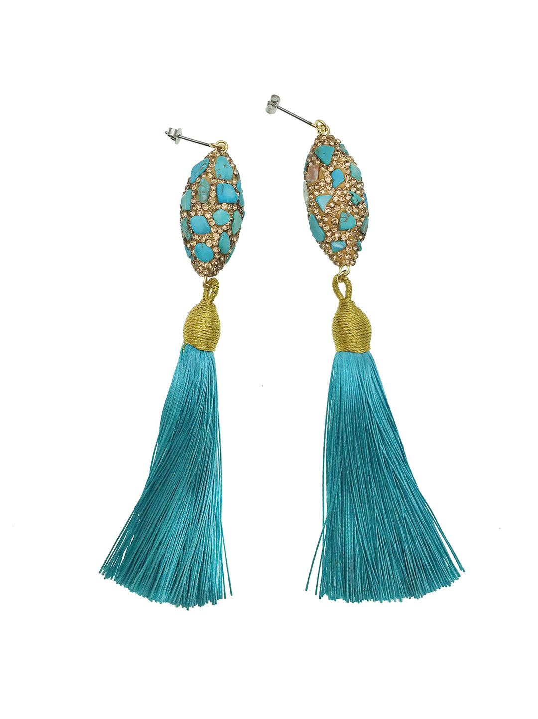 Rhinestones Bordered Turquoise Tassel Earrings CE017 - FARRA