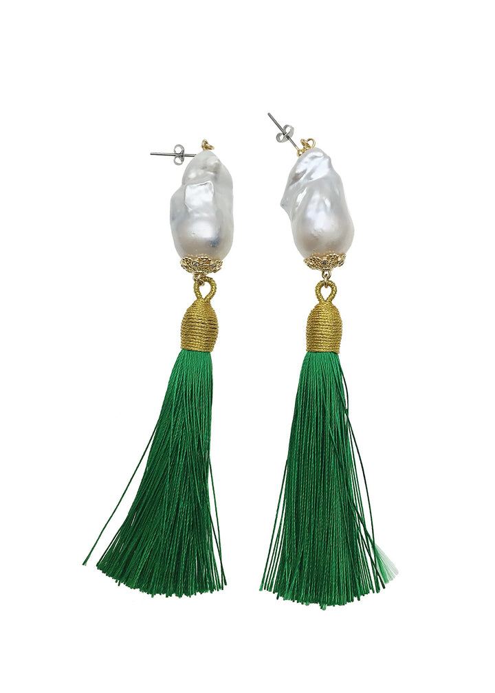 Baroque Pearl Green Tassel Earrings CE031 - FARRA