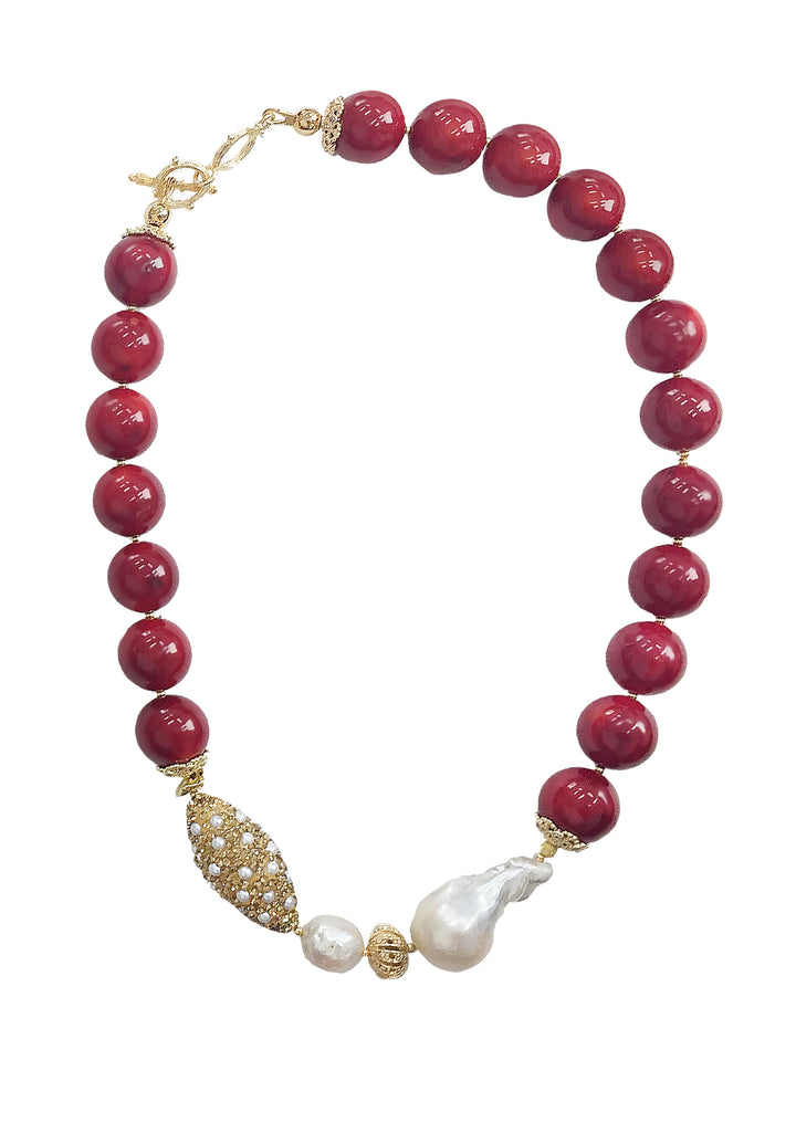 Red Bamboo Corals With Baroque Pearls Statement Necklace CN007 - FARRA