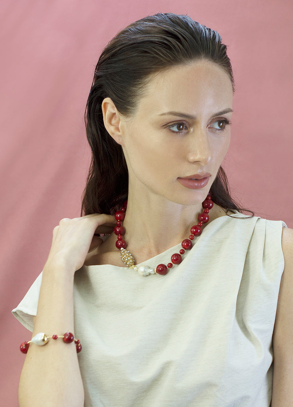 Red Bamboo Corals With Baroque Pearls Statement Necklace CN007 - FARRA