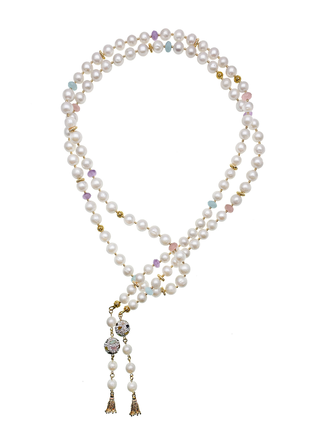 Freshwater Pearls With Rhinestones Open Ended Long Necklace EN022 - FARRA