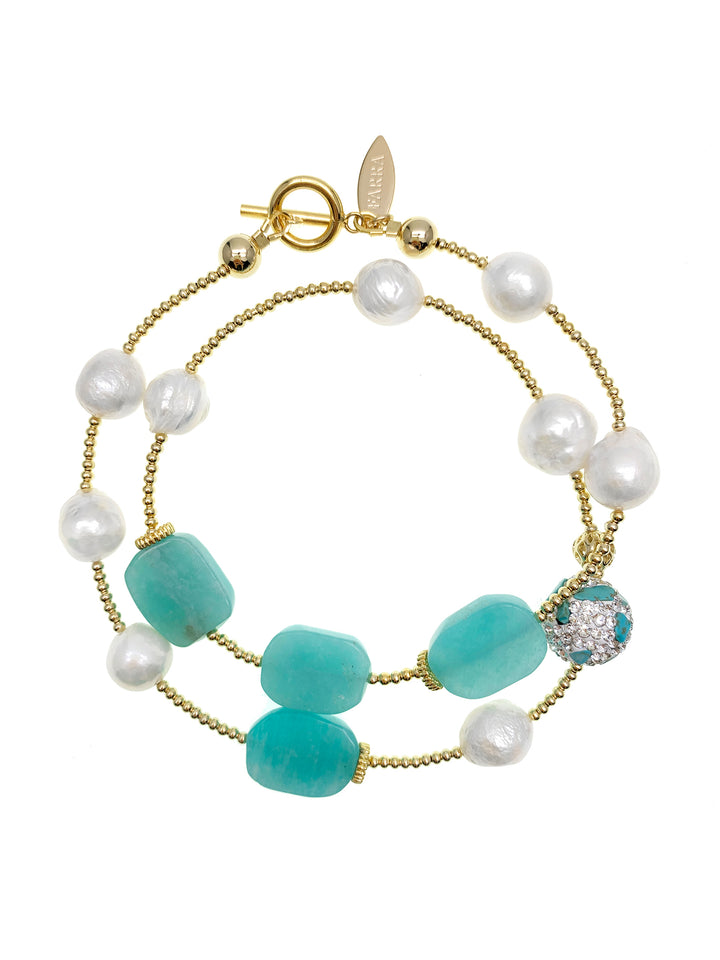 Freshwater Pearls With Amazonite Double Wrapped Bracelet GB009 - FARRA