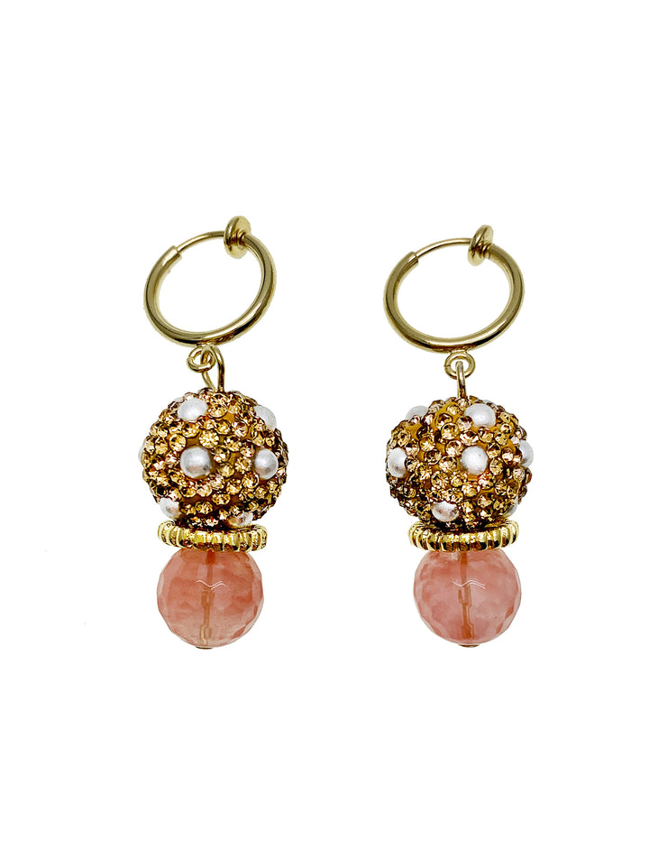 Watermelon Quartz With Rhinestones Bordered Pearls Clip On Earrings GE002 - FARRA