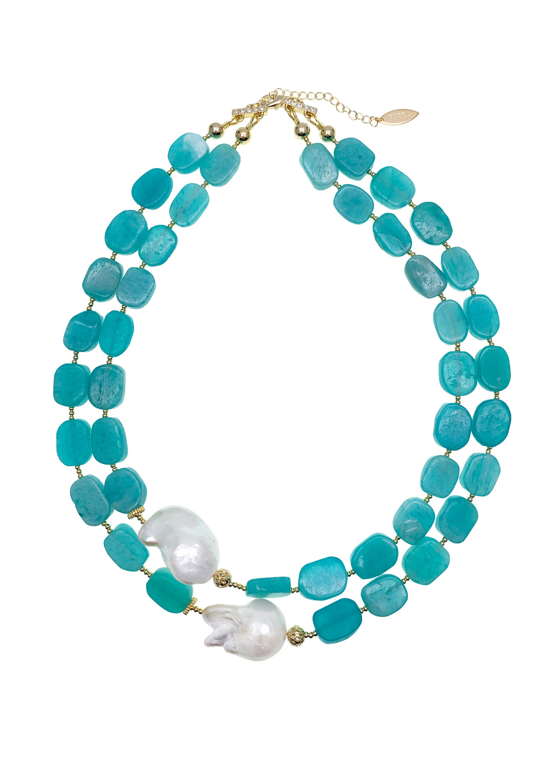 Amazonite With Baroque Pearls Double Layers Necklace GN024 - FARRA