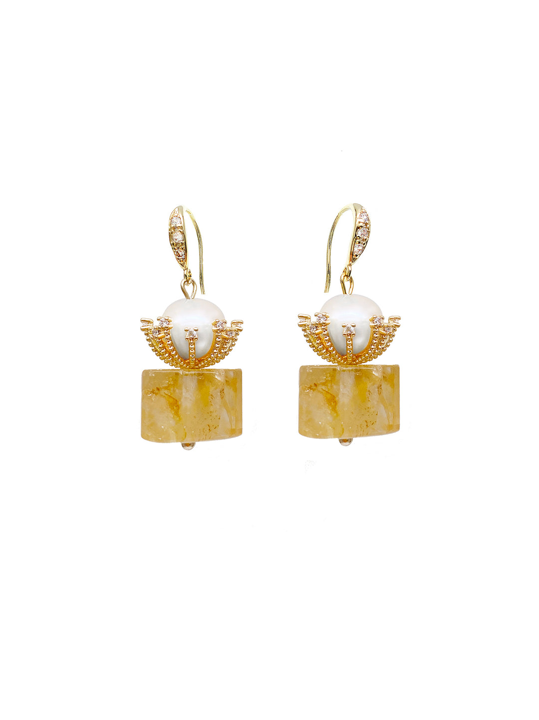 Cylinder Shaped Citrine With Freshwater Pearl Dangle Earrings HE013 - FARRA