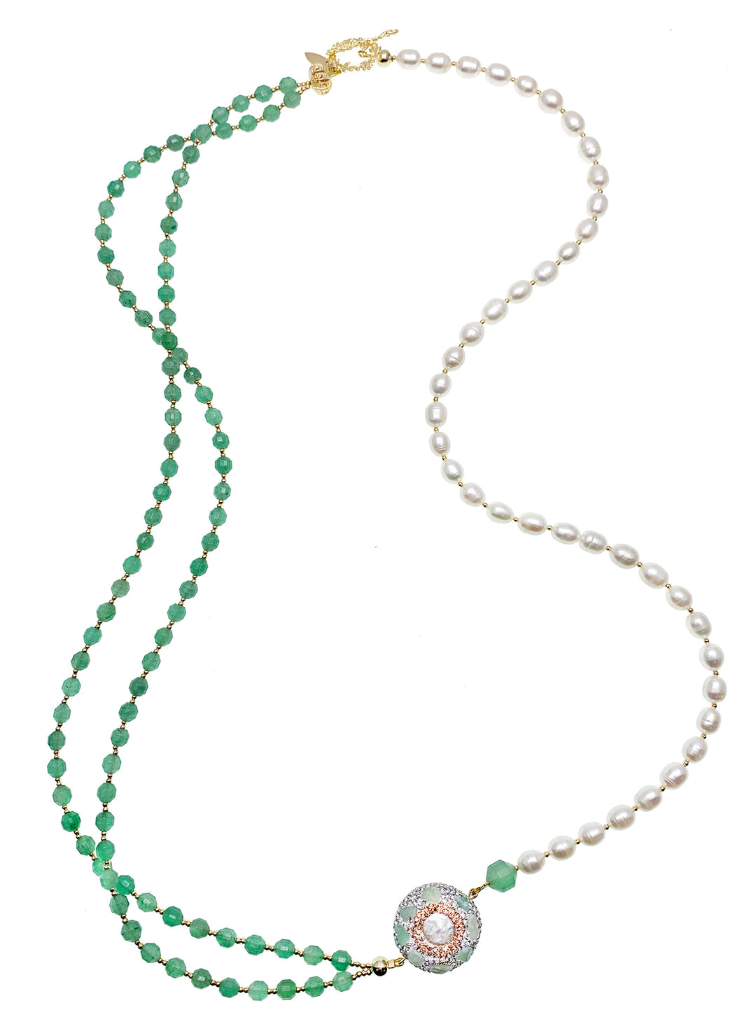 Green Aventurine And Pearls With Rhinestone Long Necklace HN016 - FARRA