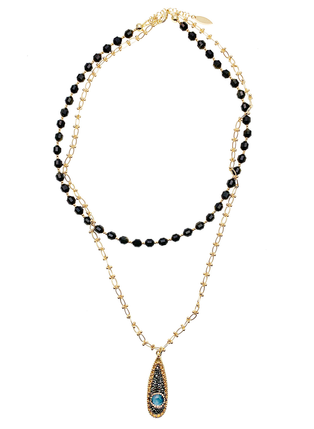 Black Obsidian and Chain With Pendant Double Layers Necklace HN036 - FARRA