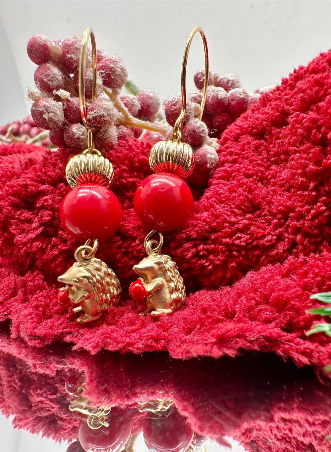 Red Bamboo With Hedgehog Dangle Earrings KE030 - FARRA