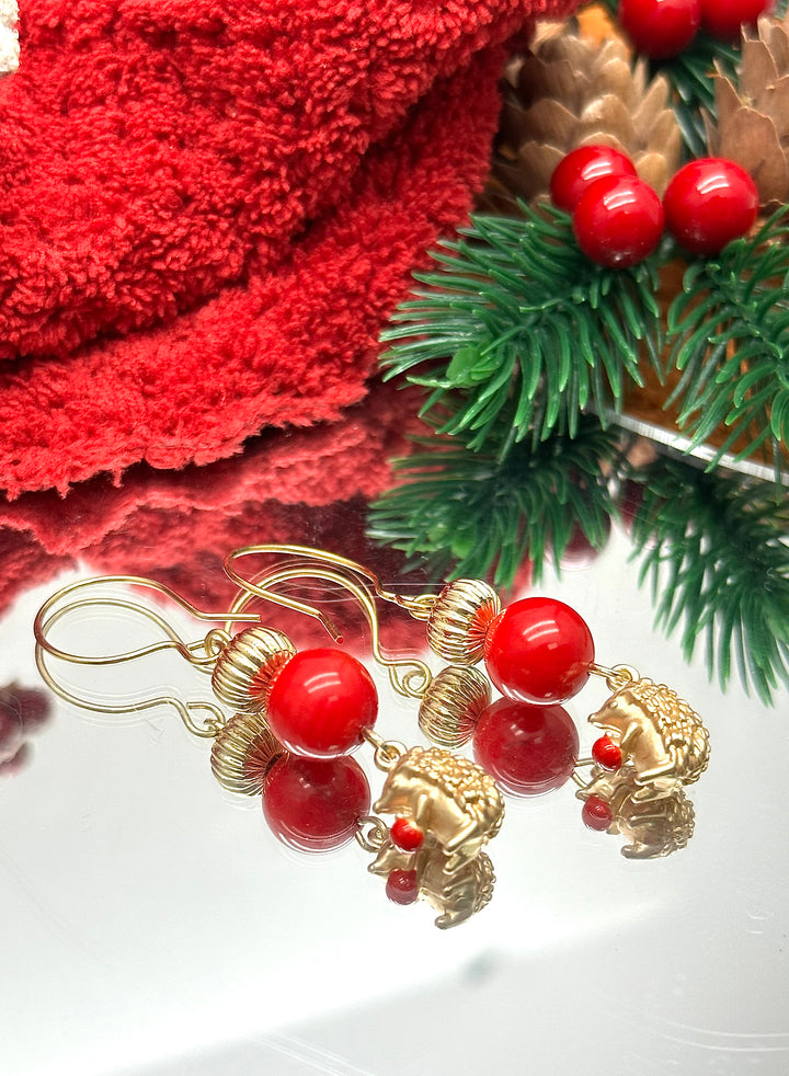 Red Bamboo With Hedgehog Dangle Earrings KE030 - FARRA