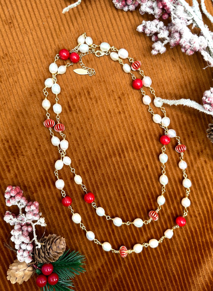 Freshwater Pearls With Red Bamboo Coral Multi-Way Chain Necklace KN049 - FARRA