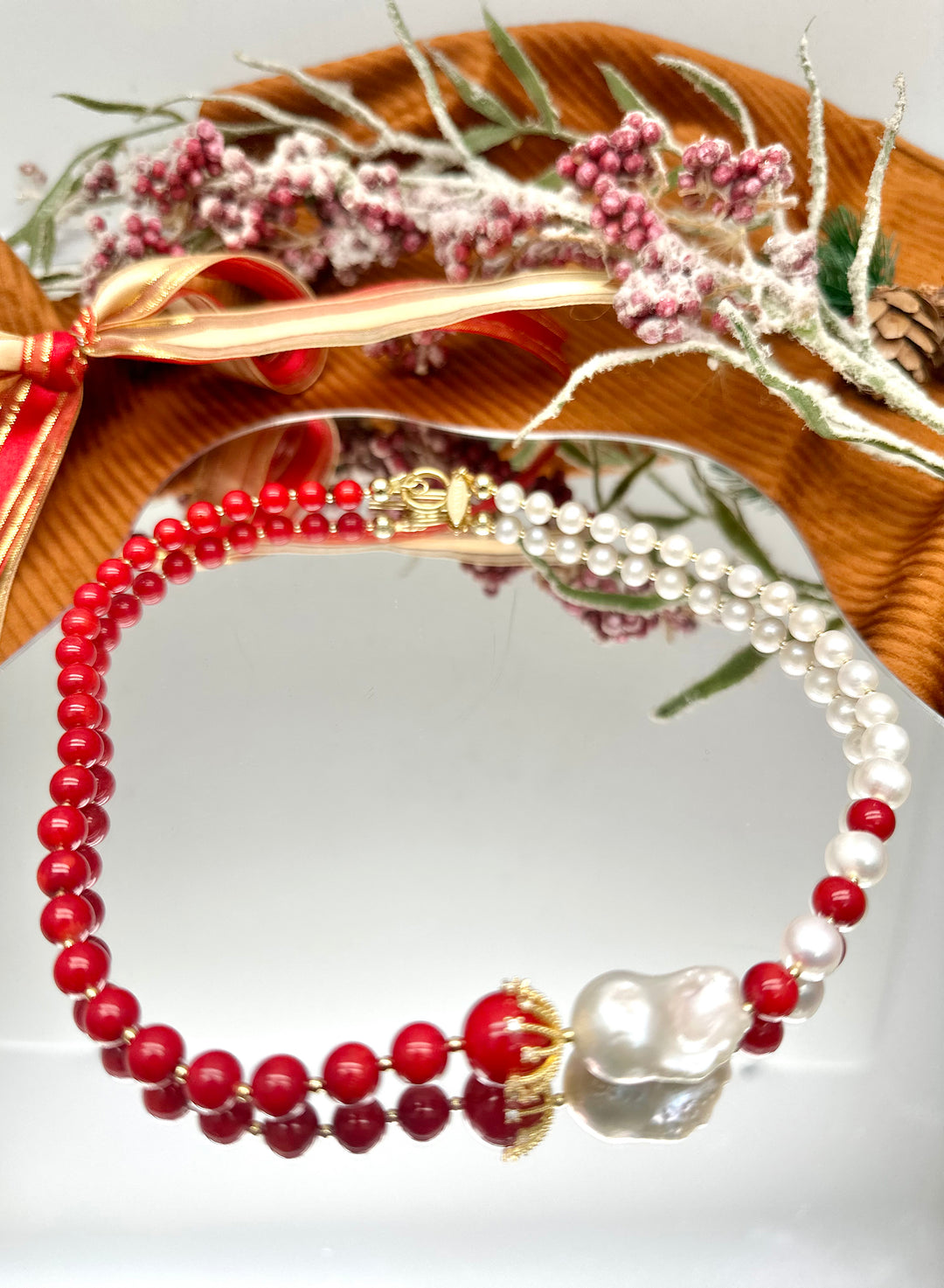 Red Bamboo Coral & Freshwater Pearls Asymmetric Necklace KN052 - FARRA